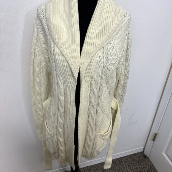 Vintage Kari Lynn Woman M Open Cardigan Belted Cable Knit Sweater Fisherman 70s - Picture 5 of 7